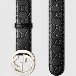 Gucci Black Embossed GG Leather Belt with Silver Interlocking G Buckle